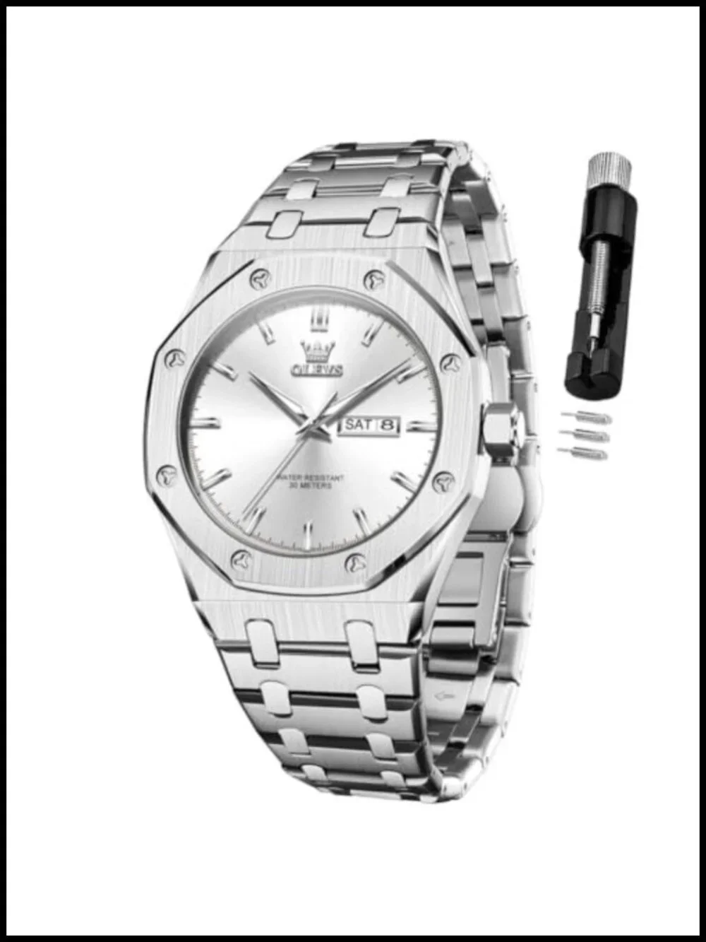 Mens Large Stainless Steel Analog Quartz Watch Waterproof Business